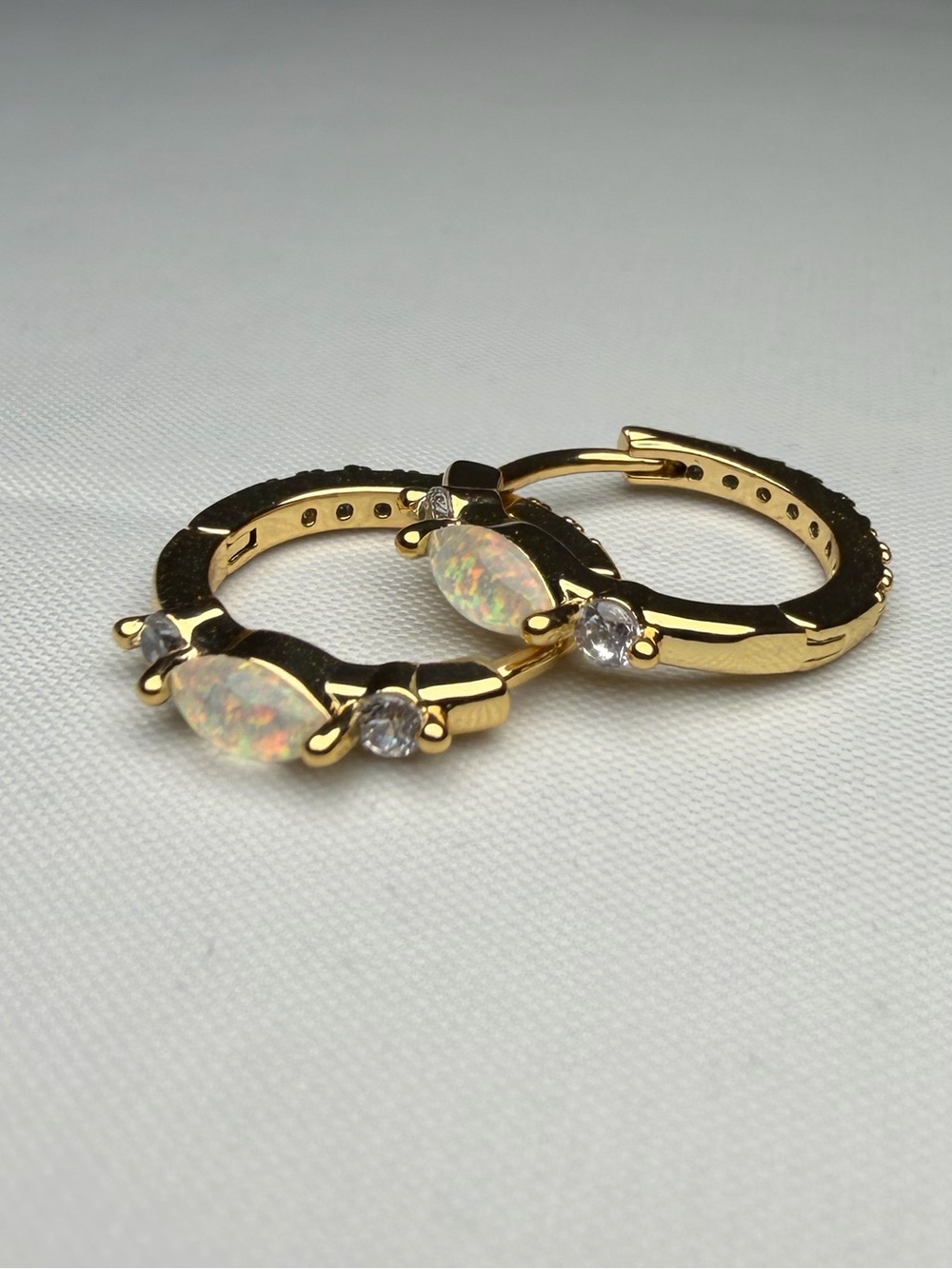 Natural Opal & Sapphire Huggie Hoop Earrings 0.55ctw 17mm Gold Over 925 Sterling